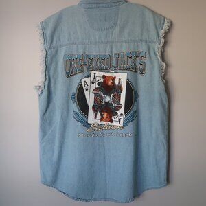 Sturgis Shirt Mens XL Blue Denim Sleeveless 2008 One-eyed Jack's Saloon Button